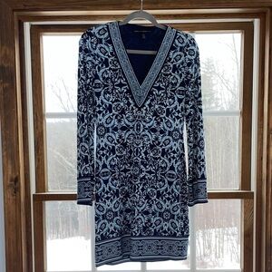White House Black Market Navy and Light Blue Long Sleeve Dress